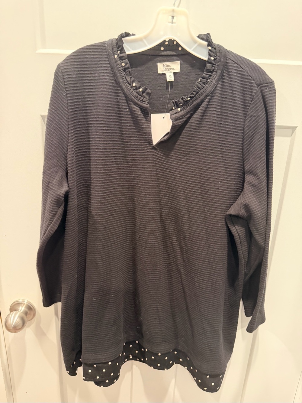 NWT Kim Rogers XL Black Textured Knit Top Polka Dot Trim Long Sleeve